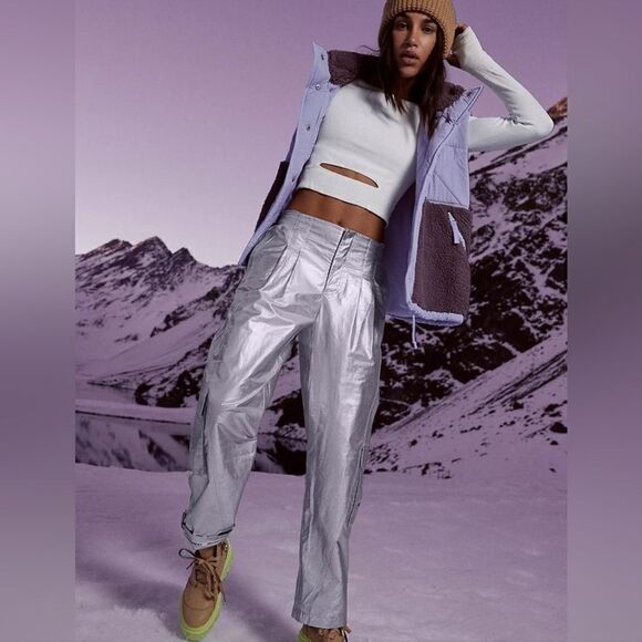 NWOT Free People Mesmerize Me Shine Pants Silver Shiny Low Rise Cargo Metallic - Picture 6 of 16